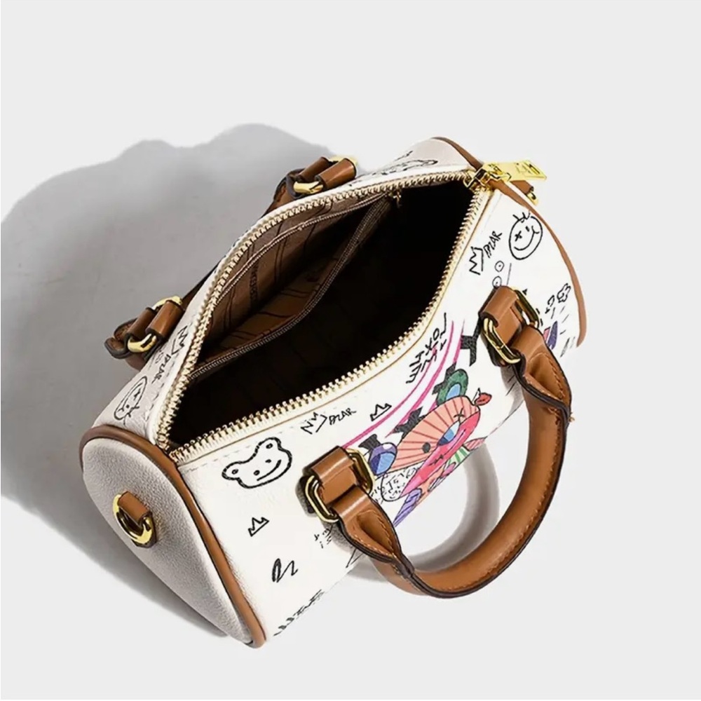 NIP Graffiti Bear Mini Barrel Bag Top Handle Crossbody White Brown Tan - Picture 3 of 7